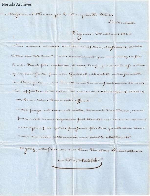 NRA-L-000435 image 2 showing page 1 of the French commercial letter on blue paper, including the closing and signature.