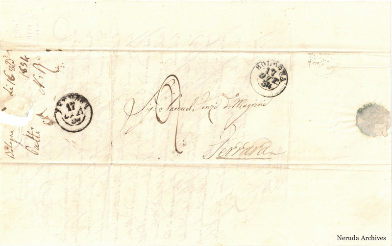 NRA-L-000737 image 1 showing the folded delivery address to Samuel Finzi D. Magrini in Ferrara, postal marks and a handwritten filing docket.