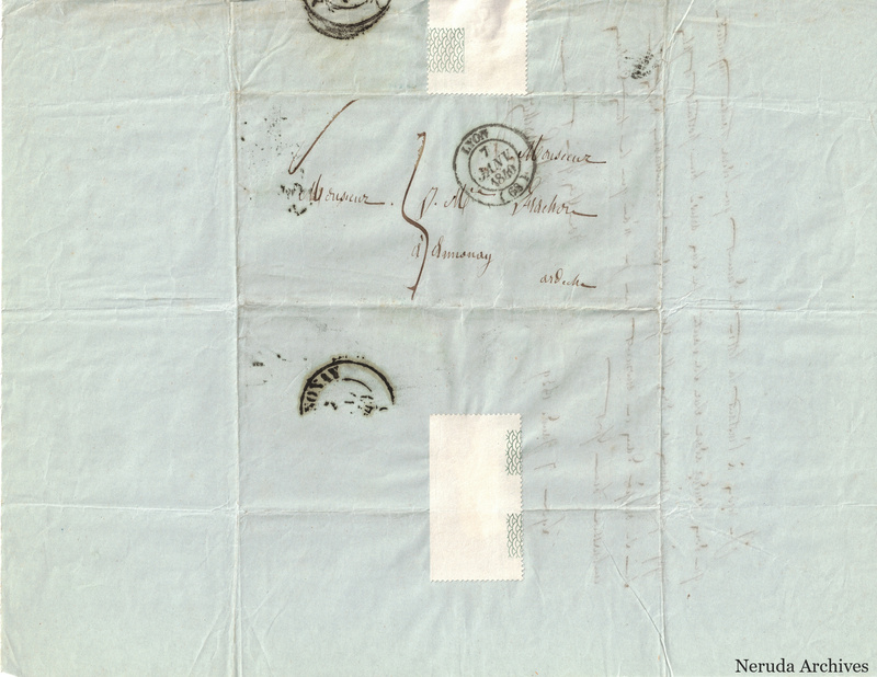 NRA-L-000554 image 1 showing a folded address panel to a Frachon correspondent with postal marks, routing notes, seals, folds and retained annotations.