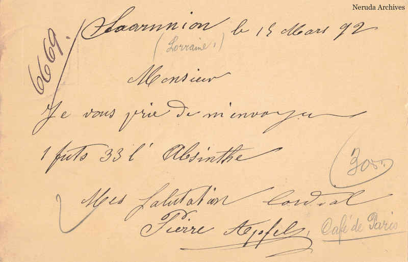 NRA-L-000169 image 2 showing a French message dated 15 March 1892 requesting a 33-litre cask of absinthe, with a signature and later annotations.