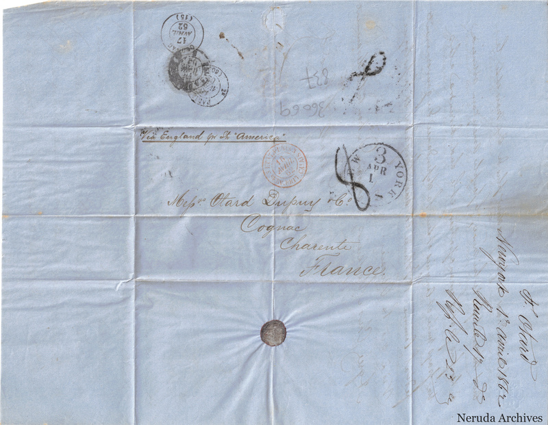 NRA-L-000415 image 1 showing a folded address panel to Otard Dupuy & Co in Cognac, with postal marks, a sealing remnant and manuscript docketing.