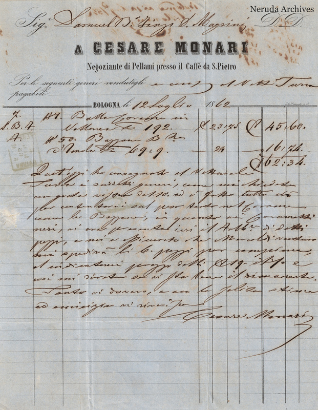 NRA-L-000749 image 2 showing Cesare Monari’s printed leather invoice and handwritten covering message, dated 1862-07-12, including the account and signature.