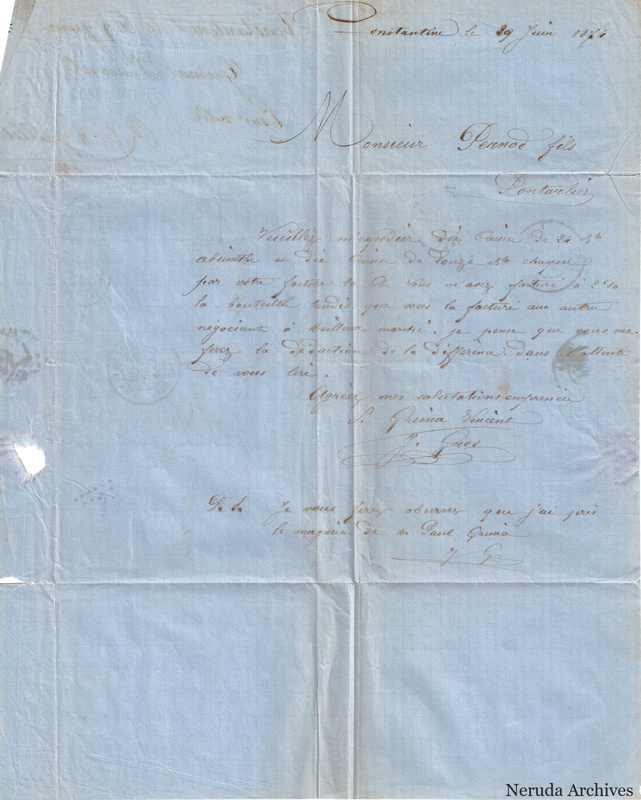 NRA-L-000625 image 1 showing the handwritten Grima Vincent order from Constantine dated 29 June 1874.