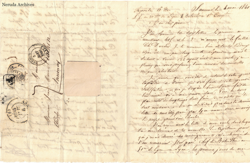 NRA-L-000615 image 1 showing an unfolded French family letter combining handwritten letter text, the delivery address, postal marks, folds, sealing evidence and complete physical paper edges.