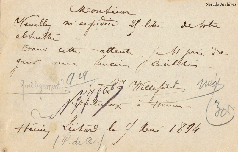 NRA-L-000336 image 2 showing the handwritten message from Willefert to Pernod Fils, with contemporary annotations and the sender's signature or business mark.