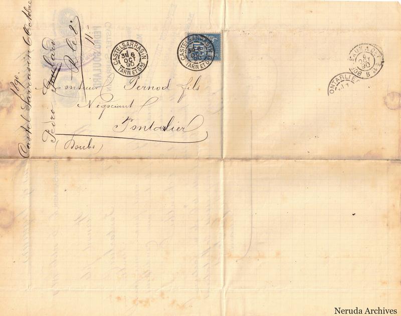 NRA-L-000628 image 2 showing the address to Pernod fils in Pontarlier and Castelsarrasin postal marks with a blue 15-centime stamp.