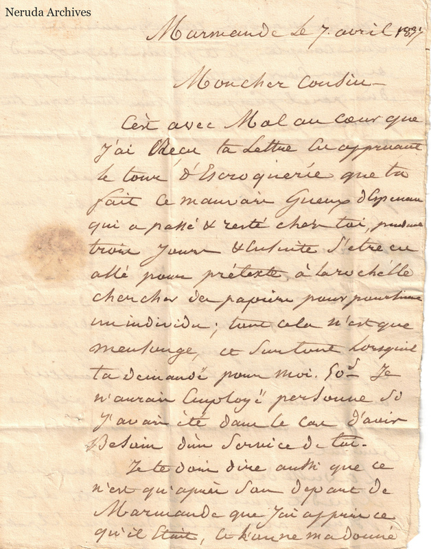 NRA-L-000419 image 2 showing the first page of a handwritten French letter dated 7 April 1837.