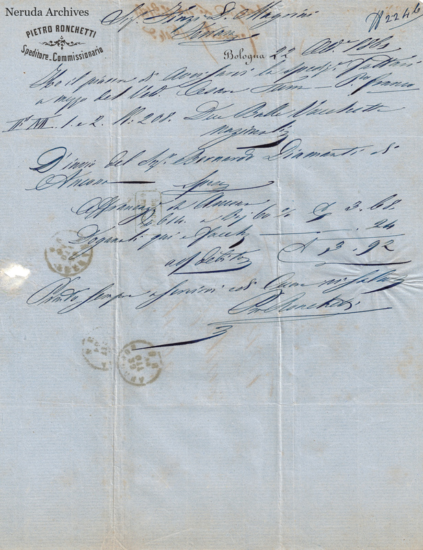 NRA-L-000741 image 2 showing shipping notice and account belonging to Pietro Ronchetti, dated 1856-10-22 in Bologna.