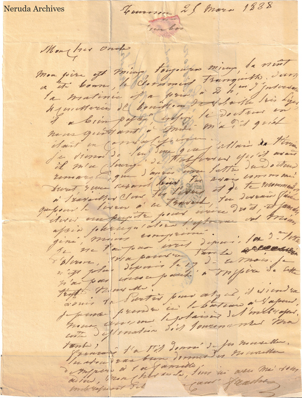 NRA-L-000535 image 2 showing a handwritten French letter continuation with closing, signature, later notes, folds and paper edges.