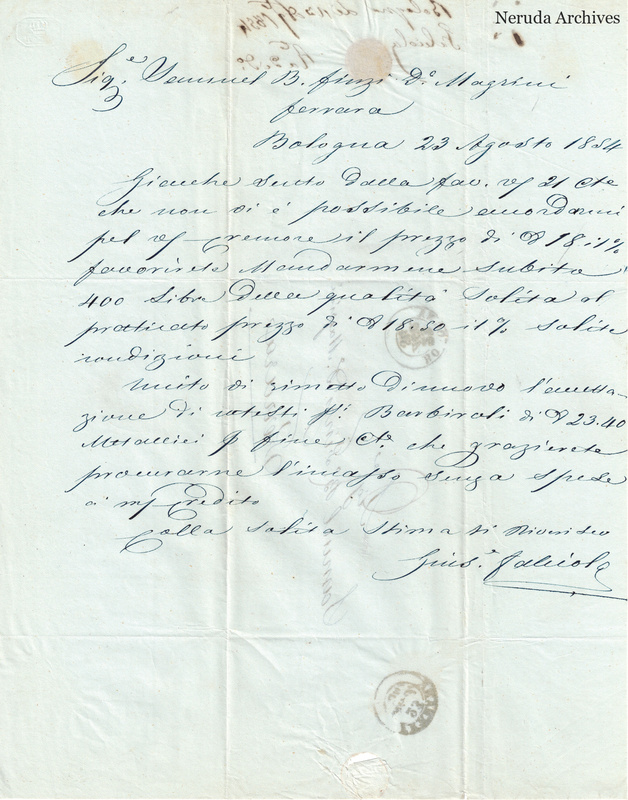 NRA-L-000751 image 2 showing the business letter dated 1854-08-23 from Bologna, including the handwritten message and signature.