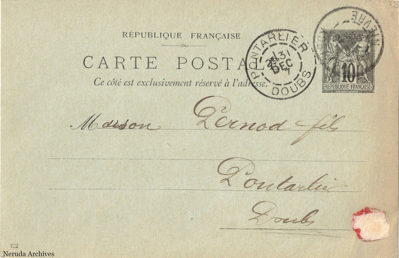 NRA-L-000199 image 1 showing the address side of a postcard sent by Fuchet Fils Aîné to Pernod Fils, with contemporary postal and business marks.