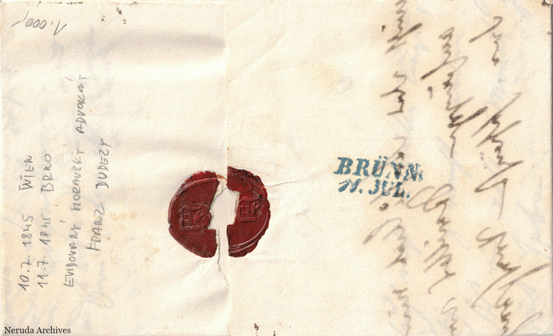 NRA-L-000149 image 2 showing the envelope reverse with a broken red wax seal, Brno postal mark, later manuscript notes, folds and small edge losses.