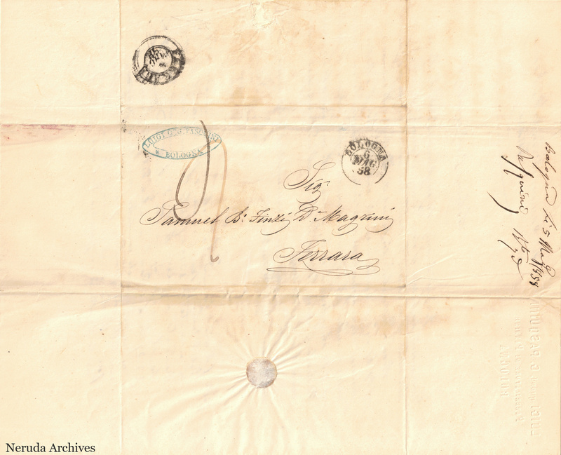 NRA-L-000766 image 1 showing the address to Samuel B° Finzi D° Magrini in Ferrara with postal and filing marks.