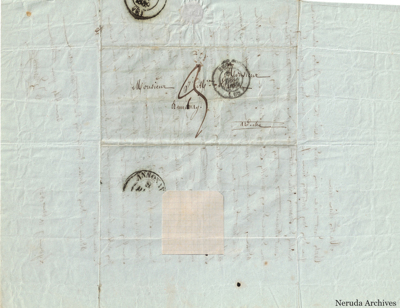 NRA-L-000545 image 1 showing a folded address panel to a Frachon correspondent with postal marks, routing notes, seals, folds and retained annotations.