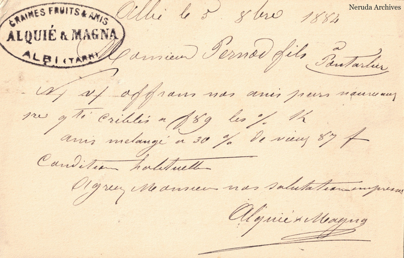 NRA-L-000265 image 2 showing the handwritten message from Alquié & Magna to Pernod Fils, with contemporary annotations and the sender's signature or business mark.