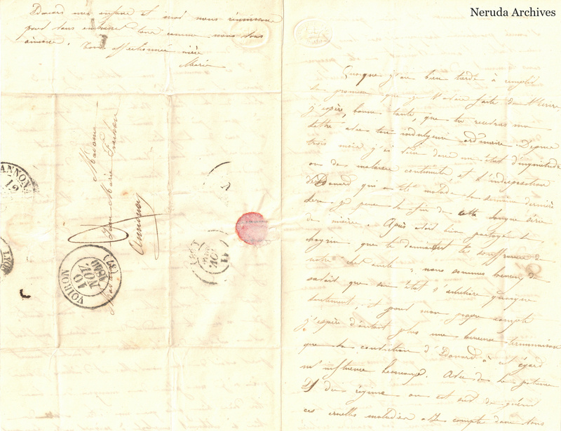 NRA-L-000485 image 1 showing an unfolded sheet with the beginning of a French letter on the right and an address panel to a Frachon correspondent in Annonay on the left, with a red wax seal, postal marks and a receipt note.