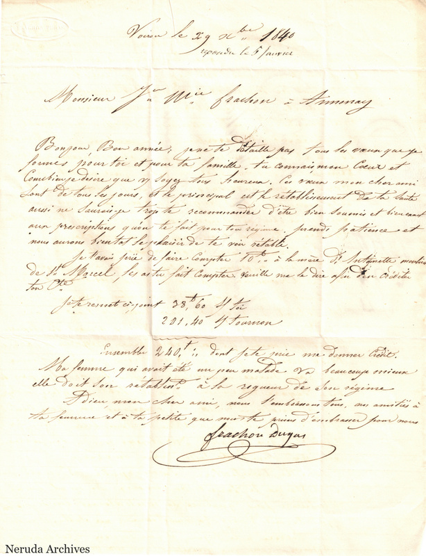 NRA-L-000521 image 2 showing a handwritten French letter continuation with closing, signature, later notes, folds and paper edges.