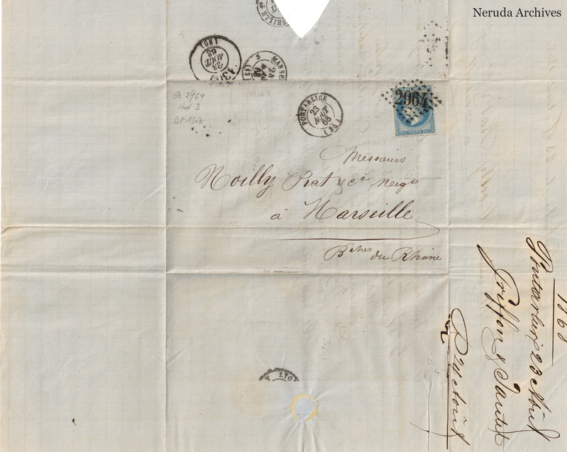 NRA-L-000154 image 1 showing the address panel to Noilly Prat and Company, merchants at Marseille, with postage stamp, circular postmarks, manuscript docketing, folds and a triangular upper-edge paper loss.