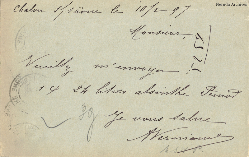 NRA-L-000277 image 2 showing the handwritten message from A. Verniaud, Épicerie Centrale to Pernod Fils, with contemporary annotations and the sender's signature or business mark.