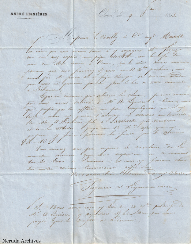 NRA-L-000134 image 2 showing a long handwritten commercial letter on André Lignières letterhead, with dated heading, signature, postscript and prominent folds.