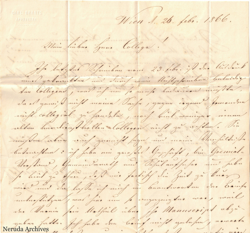 NRA-L-000028 image 2 showing the upper section of page 1 of Carl Brants's German letter from Vienna, dated 26 February 1866.