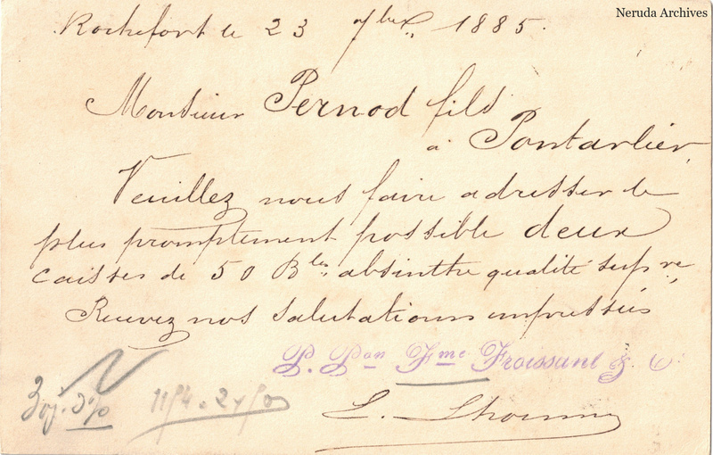 NRA-L-000188 image 2 showing the handwritten message from Froissant & Cie to Pernod Fils, with contemporary annotations and the sender's signature or business mark.