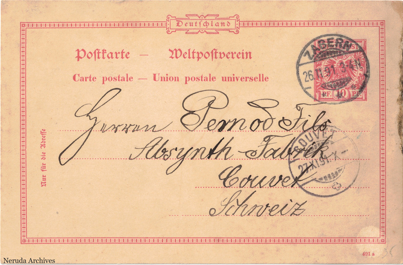 NRA-L-000170 image 1 showing a red German postcard addressed to the Pernod fils absinthe factory in Couvet, Switzerland, with a postage stamp and postmarks.