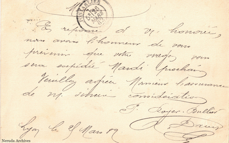 NRA-L-000234 image 2 showing the handwritten message from P. Royer-Bulliod to Pernod, with contemporary annotations and the sender's signature or business mark.