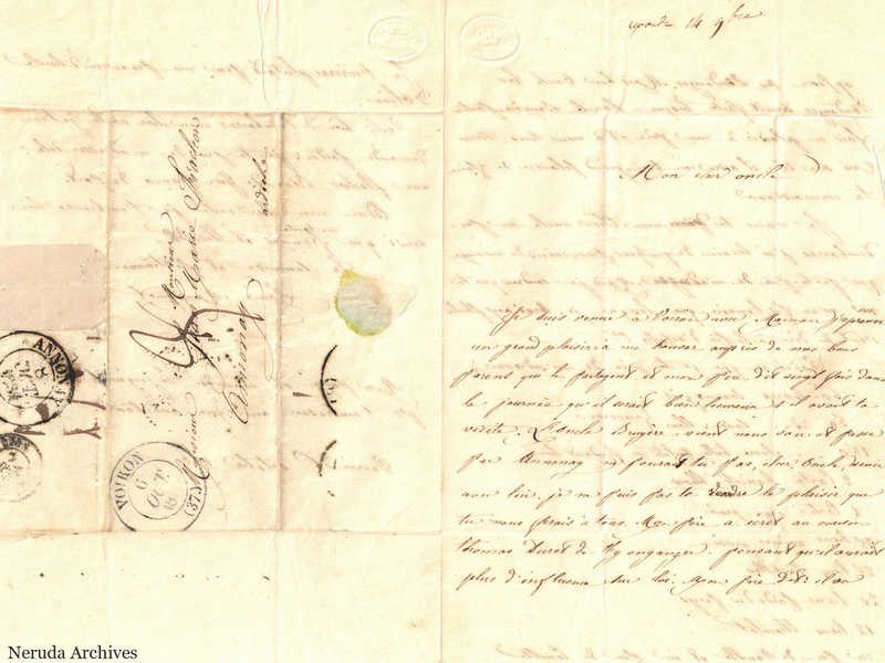 NRA-L-000484 image 1 showing an unfolded sheet with pale French letter text and an address panel to a Frachon correspondent in Annonay, with folds, postal marks and seal traces.