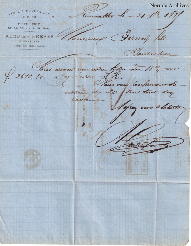 NRA-L-000153 image 2 showing a French commercial letter on Alquier Freres of Rivesaltes letterhead, addressed to Pernod fils, with signature, postal impressions, folds and paper losses along the right edge.