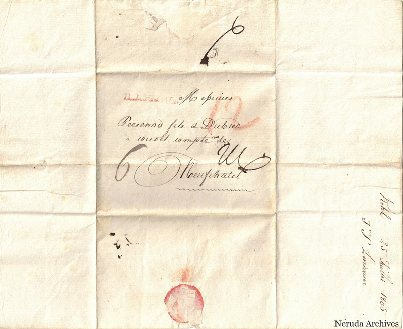 NRA-L-000083 image 1 showing the folded address panel to Pernod fils Dubied in Couvet with postal notation, docketing and a red wax seal.