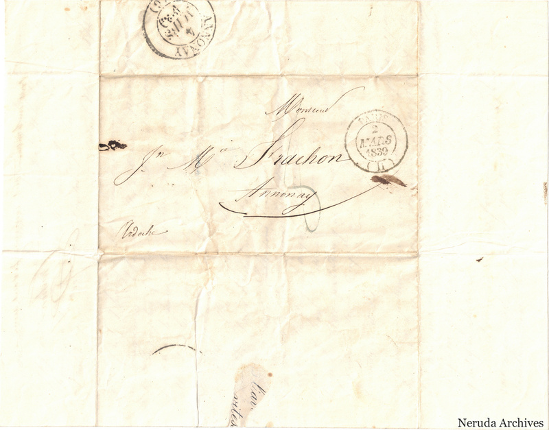 NRA-L-000604 image 1 showing a folded address panel to a Frachon correspondent at Annonay, with handwritten delivery address, postal marks, sealing evidence, folds and retained annotations.
