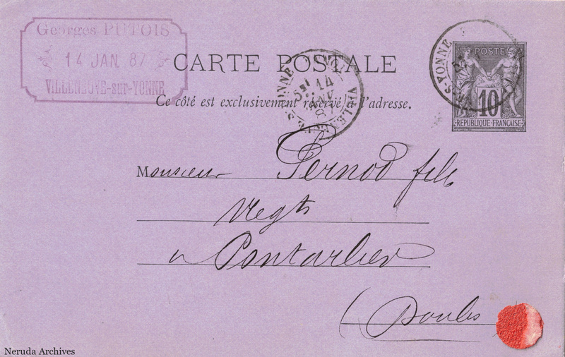 NRA-L-000286 image 1 showing the address side of a postcard sent by G. Putois to Pernod Fils, with contemporary postal and business marks.
