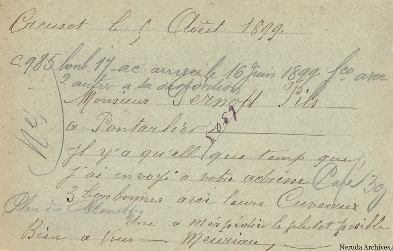 NRA-L-000232 image 2 showing the handwritten message from J. Meuriau to Pernod Fils & Cie, with contemporary annotations and the sender's signature or business mark.