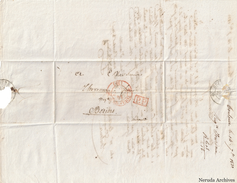 NRA-L-000064 image 1 showing an address panel to Béziers with postal marks and later docketing.