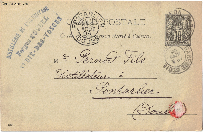 NRA-L-000354 image 1 showing the complete address side of the postcard, with the recipient address, postage, postmarks and contemporary business or filing marks.