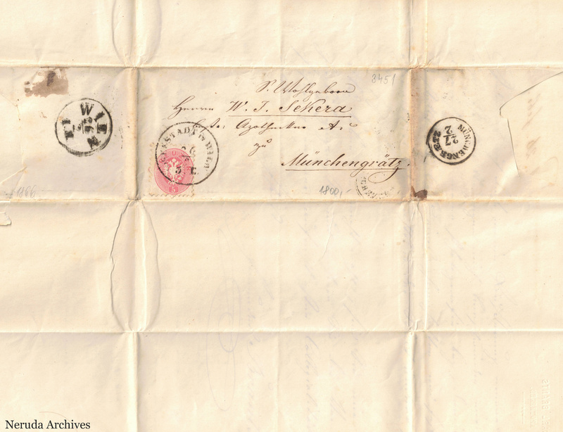 NRA-L-000028 image 1 showing the address to W. J. Sekera, pharmacist in Muenchengraetz, with Austrian postage and postal markings.