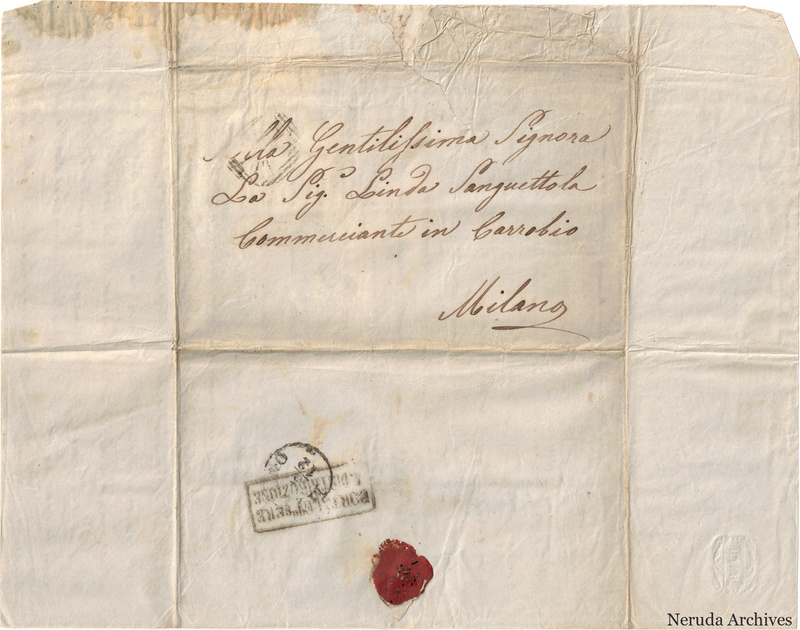 NRA-L-000632 image 1 showing a folded address panel to Linda Sanguettola in Milan, with handwritten address, postal marks, red wax seal, folds and complete surviving paper edges.