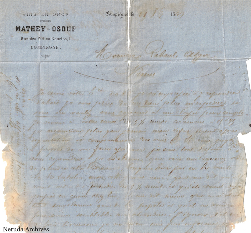 NRA-L-000074 image 2 showing a French letter written on Mathey-Osouf wine merchant letterhead, with damaged edges.