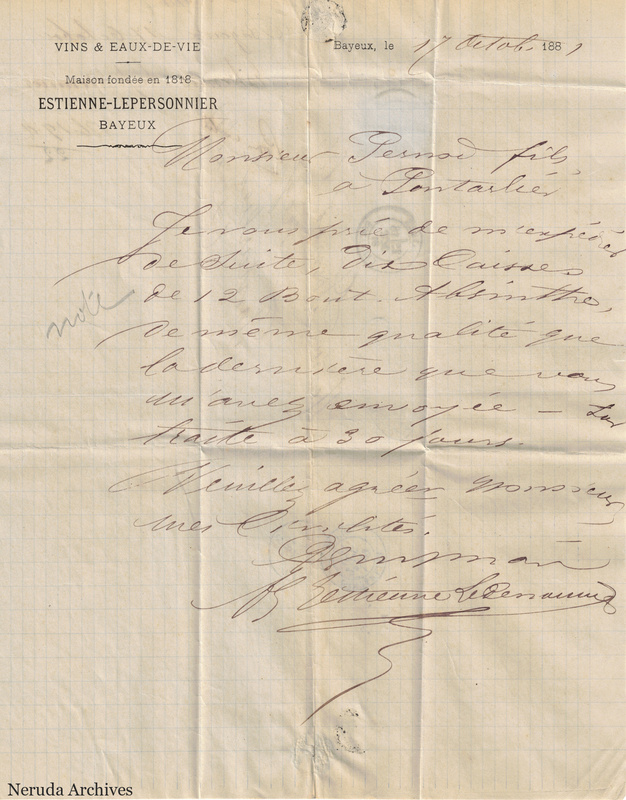 NRA-L-000627 image 1 showing the Estienne-Lepersonnier letterhead and handwritten order for ten cases of absinthe from Bayeux.