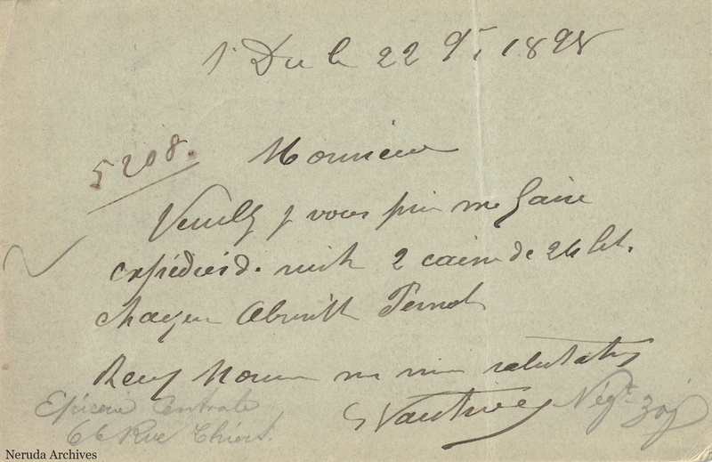 NRA-L-000182 image 2 showing the handwritten postcard message sent from Saint-Dié, with absinthe-trade correspondence and the sender's signature.