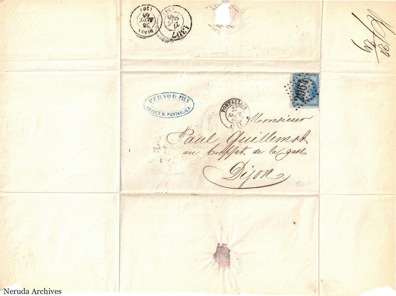 NRA-L-000142 image 1 showing a folded address panel to Paul Guillaume at the railway-station buffet in Dijon, with a postage stamp, Pernod fils handstamp, postal marks, seal remnant, folds and ragged lower corners.