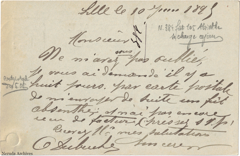 NRA-L-000254 image 2 showing the handwritten message from O. Dubuche, Café Octave to Pernod Fils, with contemporary annotations and the sender's signature or business mark.