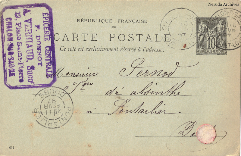 NRA-L-000277 image 1 showing the address side of a postcard sent by A. Verniaud, Épicerie Centrale to Pernod Fils, with contemporary postal and business marks.