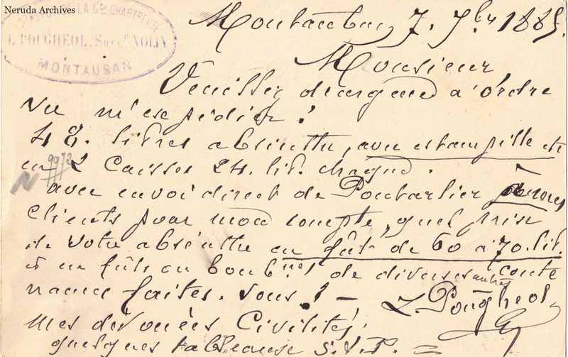 NRA-L-000274 image 2 showing the handwritten message from L. Pougheol to Pernod Fils, with contemporary annotations and the sender's signature or business mark.