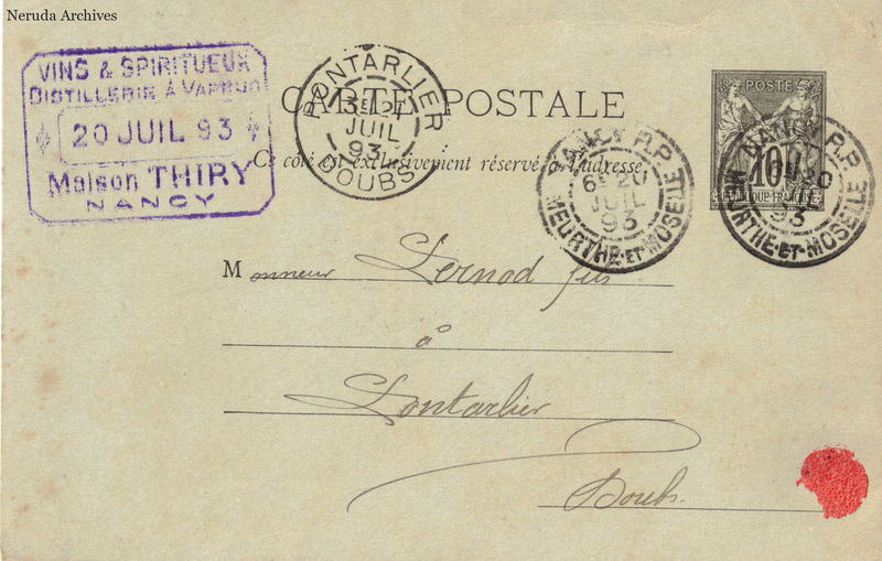 NRA-L-000184 image 1 showing the postcard address panel to Pernod fils in Pontarlier, with postage stamp, postmarks and the sender's business mark.