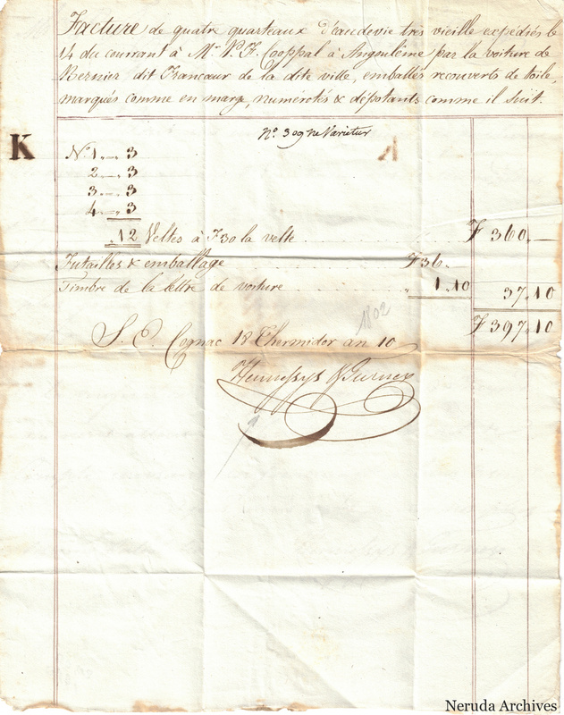 NRA-L-000397 image 3 showing an enclosed handwritten invoice for four quarters of aged brandy, with quantities, charges and a large commercial signature.