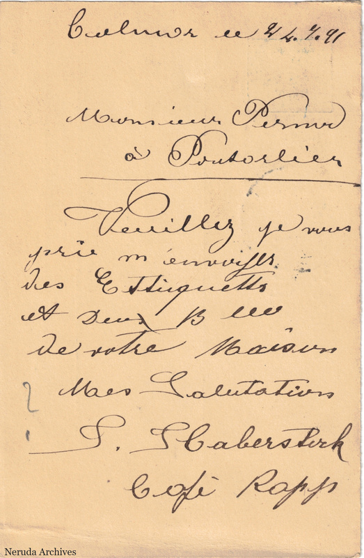 NRA-L-000159 image 2 showing a vertically written French postcard message dated 24 July 1891 and signed S. Haberstich of Café Rapp.