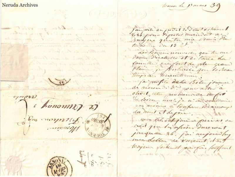 NRA-L-000576 image 1 showing a folded French letter combining manuscript text, address panel, postal marks, seals, folds and retained annotations.