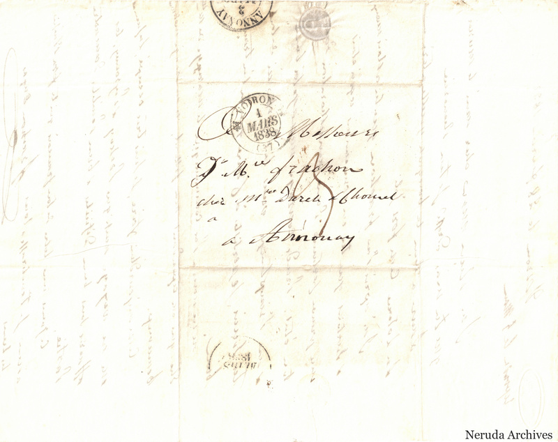 NRA-L-000490 image 1 showing a folded address panel to a Frachon correspondent with circular postal marks, routing notations and visible folds.
